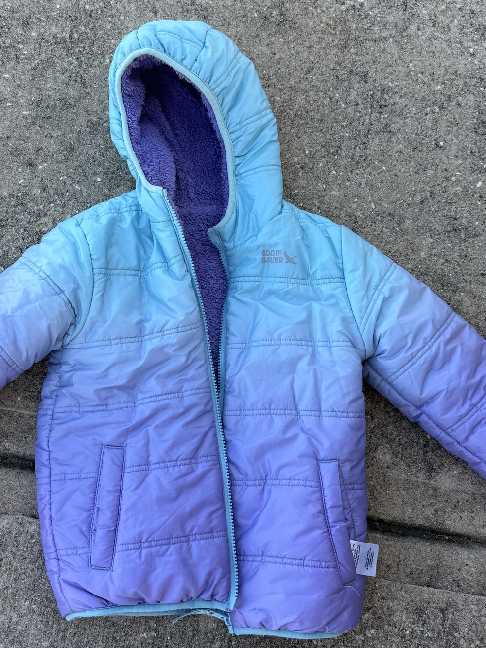 Eddie Bauer Ombre Blue to Lavender Hooded Puffer Jacket- Reversible. Kids XS